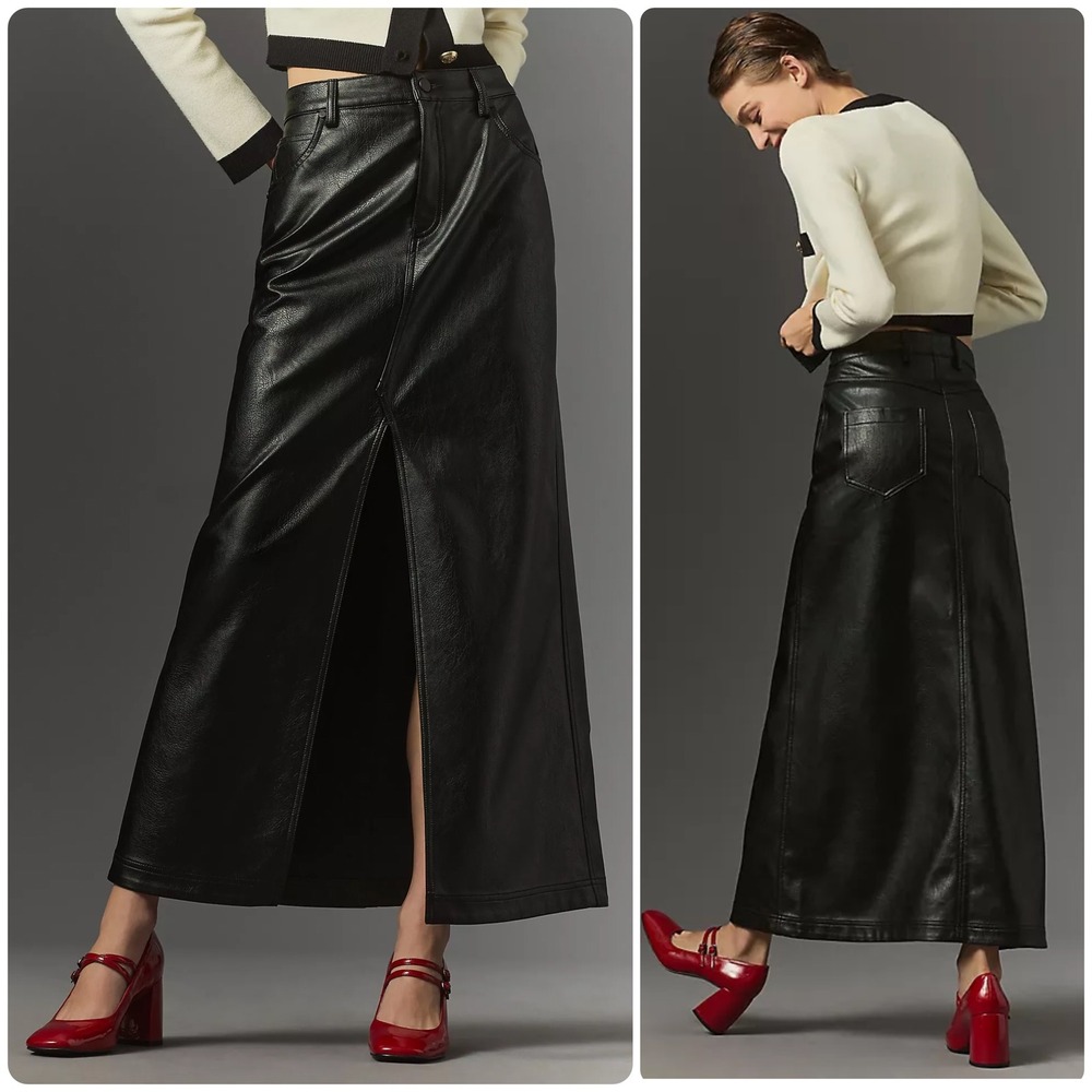 Pilcro Anthropologie Womens Black Faux Leather The Madi Front Slit Maxi Skirt 2
